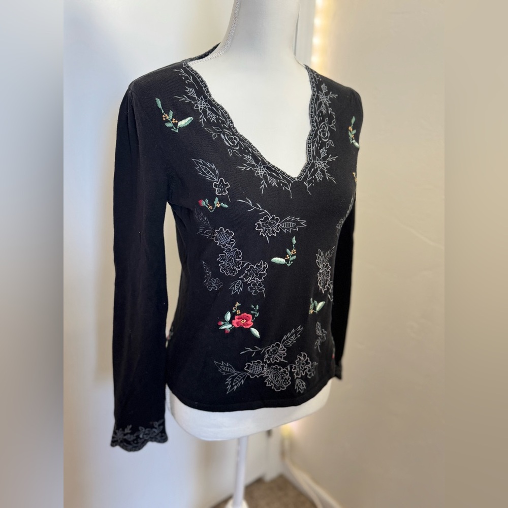 Anthropologie Odille Black Long-Sleeve V-Neck Top with Floral Embroidery Size M